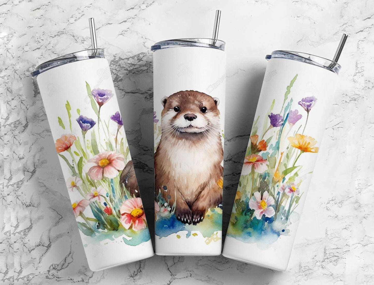 Sea otter 20oz Sublimation Tumbler Designs, watercolor floral 9.2 x 8.3” Straight Skinny Tumbler Wrap PNG