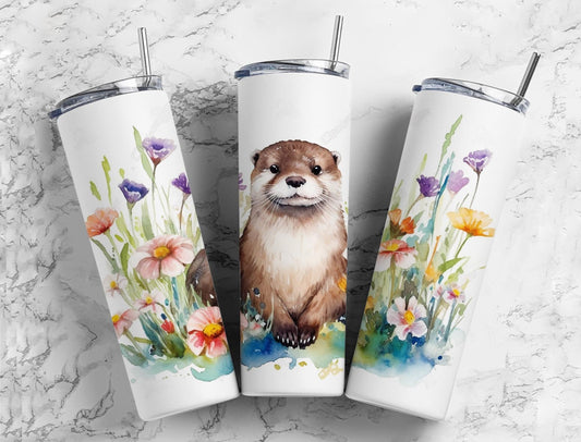 Sea otter 20oz Sublimation Tumbler Designs, watercolor floral 9.2 x 8.3” Straight Skinny Tumbler Wrap PNG