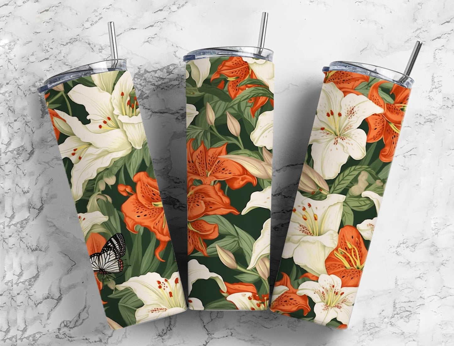 White and orange lily 20oz Sublimation Tumbler Designs, Butterfly floral 9.2 x 8.3” Straight Skinny Tumbler Wrap PNG