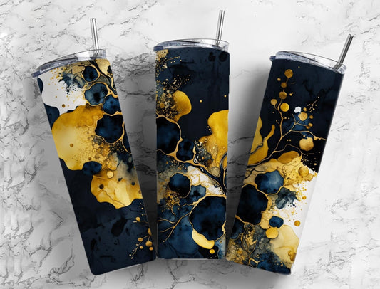 Acrylic pour 20oz Sublimation Tumbler Designs, Gold and navy 9.2 x 8.3” Straight Skinny Tumbler Wrap PNG