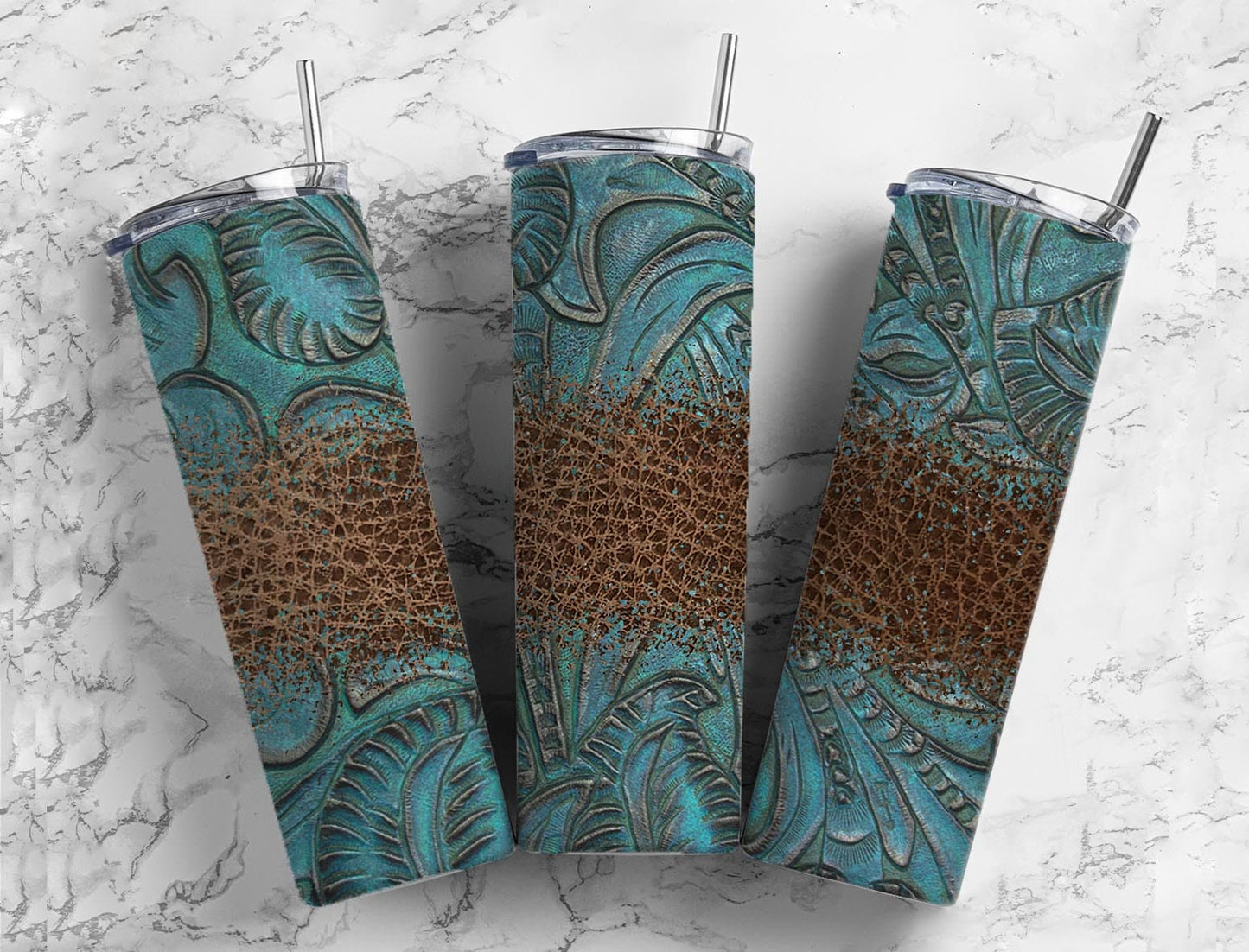 Tooled Leather 20oz Sublimation Tumbler Designs, Brown Teal Leather 9.2 x 8.3” Straight Skinny Tumbler Wrap, Country Western PNG