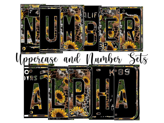 Horse Sunflower Number Plate Alphabet Uppercase Numbers PNG, Rustic Country Alphabet PNG Digital Download