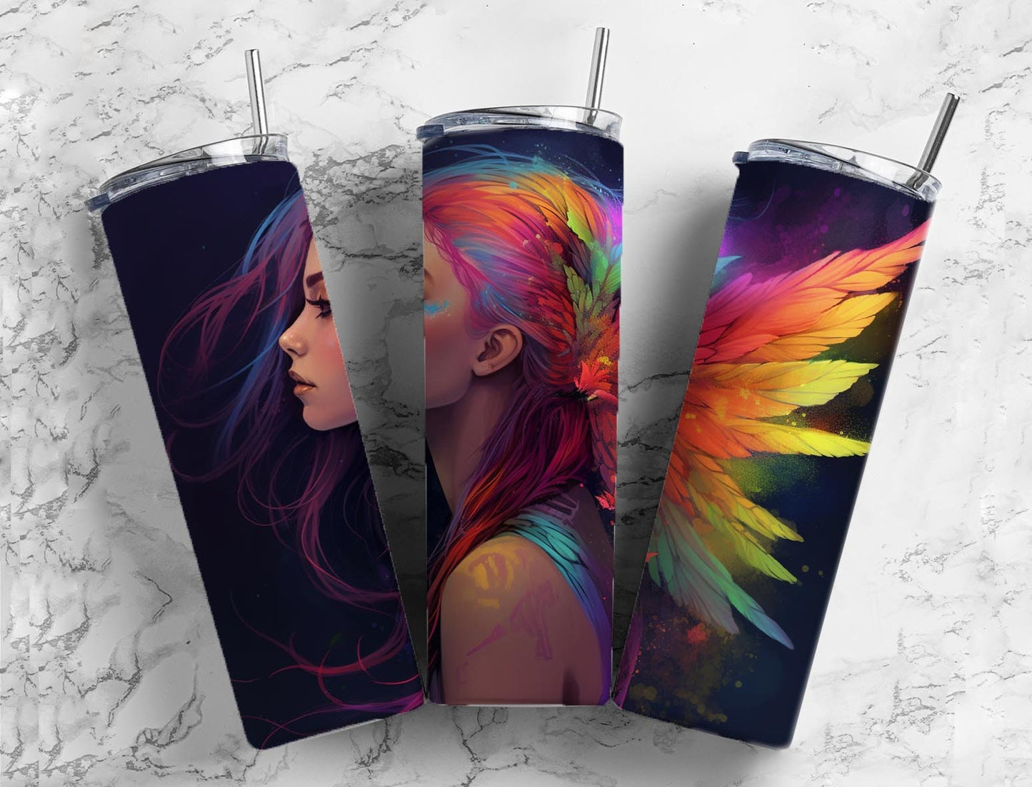 Rainbow hair girl 20oz Sublimation Tumbler Designs, colorful 9.2 x 8.3” Straight Skinny Tumbler Wrap PNG