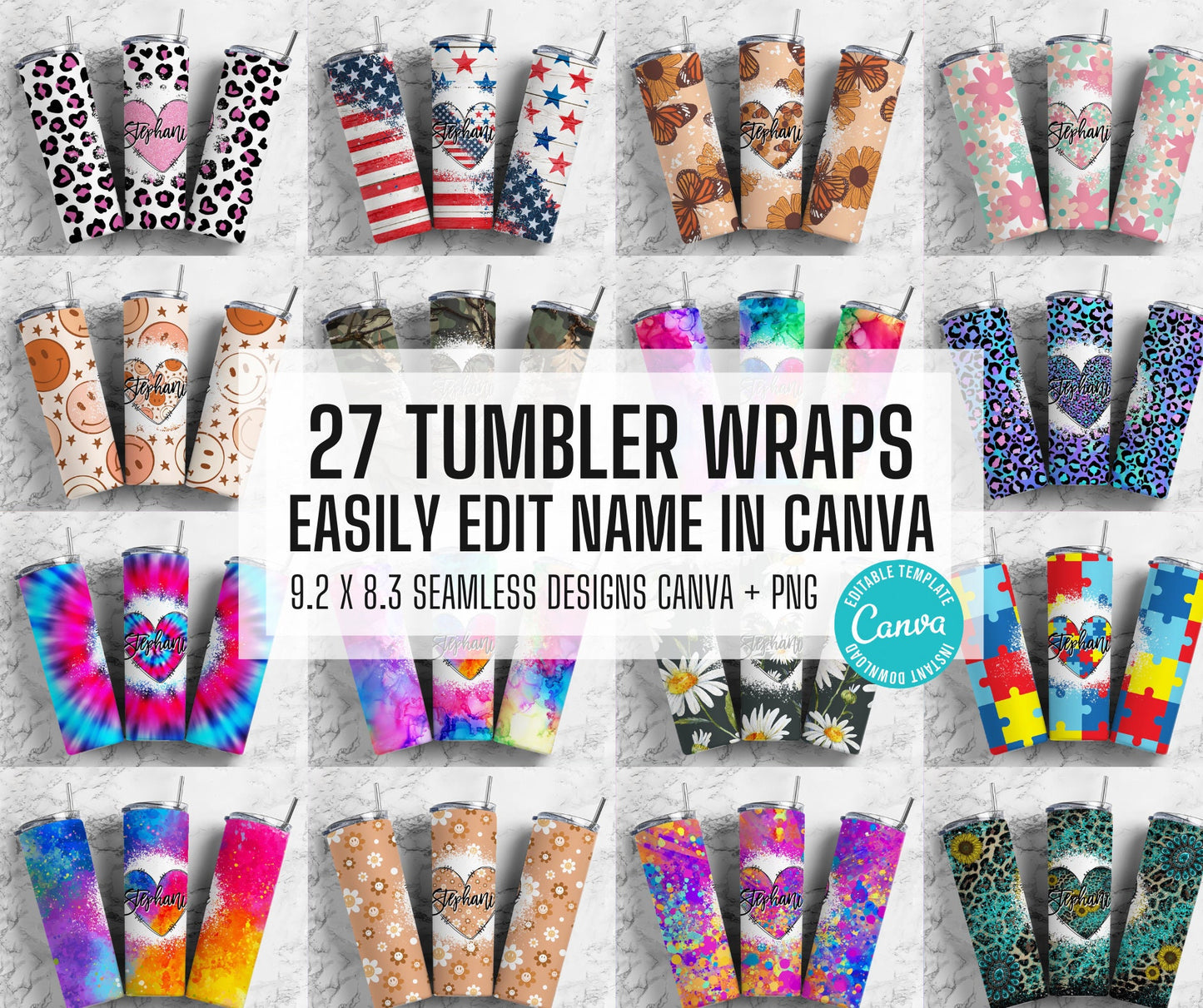 27x Love Heart Bundle Editable Canva Tumbler Templates, Add Your Own Name, Canva Template, 9.2x8.3 Tumbler Wrap Designs