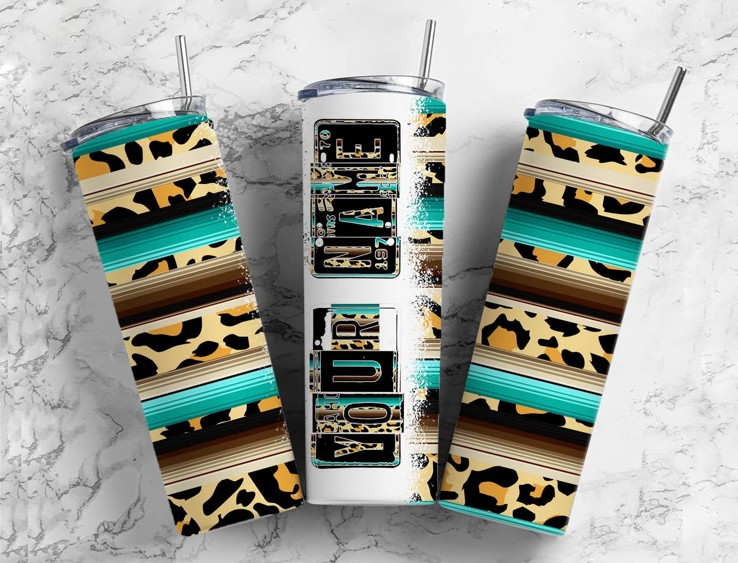 Striped leopard print Number Plate 20 oz Tumbler with Matching Alphabet PNG, Brown and blue Alphabet PNG Digital Download