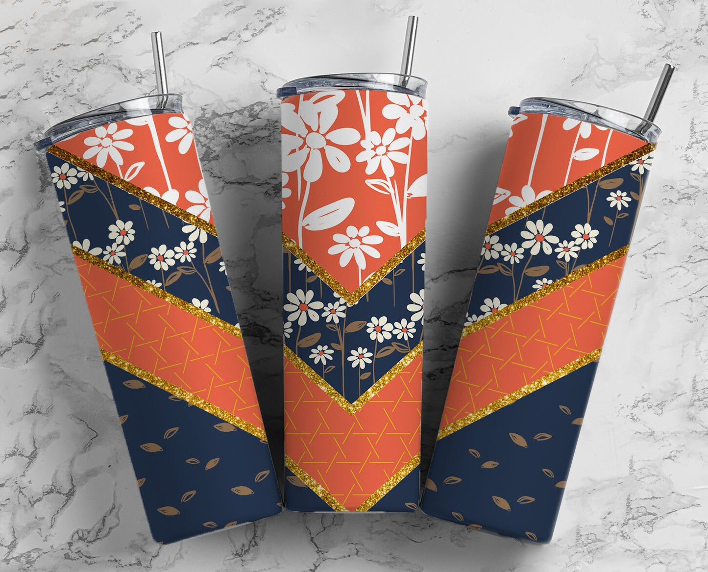 Black and Orange 20oz Sublimation Tumbler Designs, Retro floral 9.2 x 8.3” Straight Skinny Tumbler Wrap PNG 67