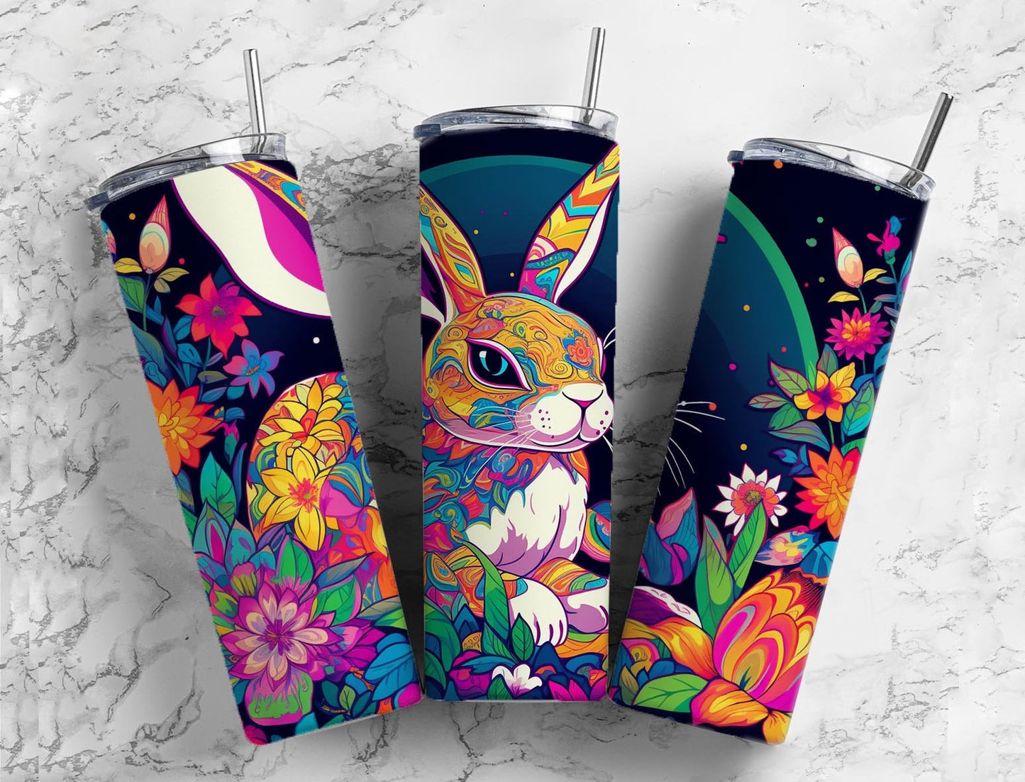 Colorful rabbit 20oz Sublimation Tumbler Designs, Night floral 9.2 x 8.3” Straight Skinny Tumbler Wrap PNG