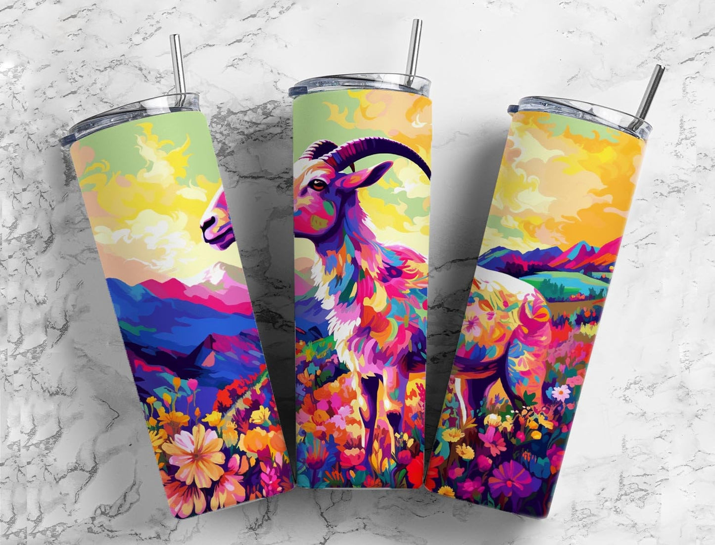 Colorful goat 20oz Sublimation Tumbler Designs, Floral landscape 9.2 x 8.3” Straight Skinny Tumbler Wrap PNG