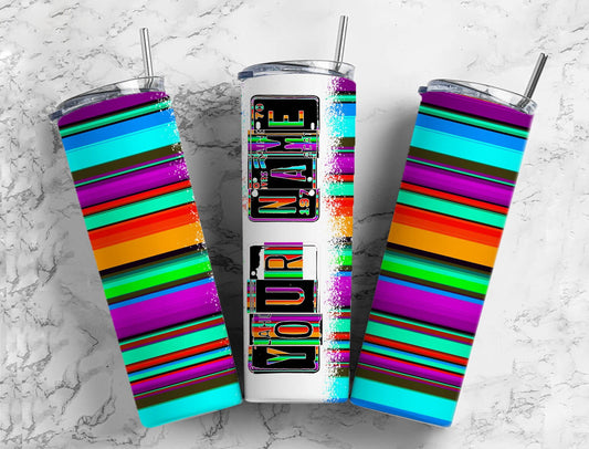 Colorful striped Number Plate 20 oz Tumbler with Matching Alphabet PNG, Rainbow serape Alphabet PNG Digital Download