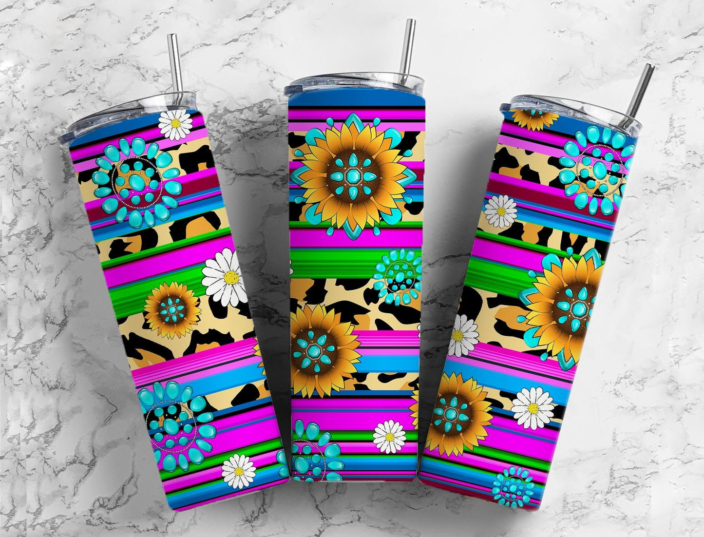 Turquoise Gem Serape 20oz Sublimation Tumbler Designs, Leopard Print Sunflower 9.2 x 8.3” Straight Skinny Tumbler, PNG 7