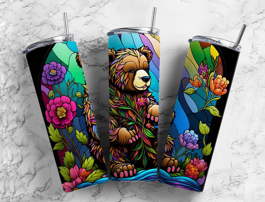 Stained glass bear 20oz Sublimation Tumbler Designs, rainbow floral 9.2 x 8.3” Straight Skinny Tumbler Wrap