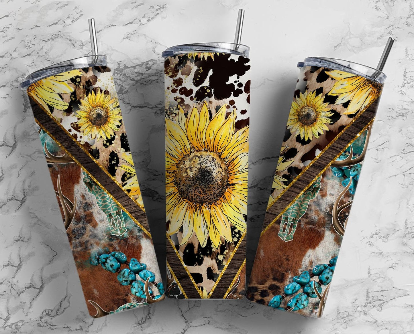 Sunflower Turquoise 20oz Sublimation Tumbler Designs, Aztec Western 9.2 x 8.3” Straight Skinny Tumbler Wrap PNG, west tumbler