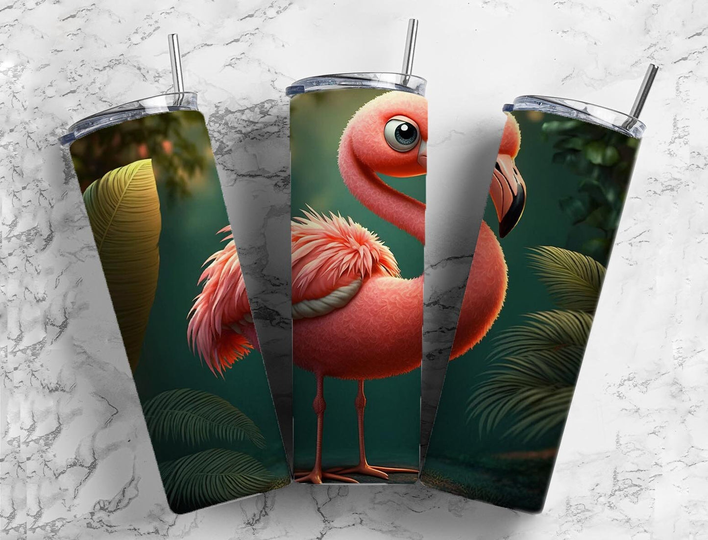 Cartoon flamingo 20oz Sublimation Tumbler Designs, Leaf forest 9.2 x 8.3” Straight Skinny Tumbler Wrap PNG