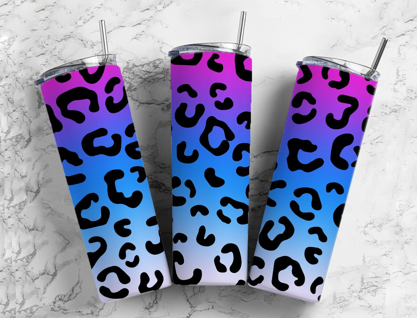 Purple to blue gradient 20oz Sublimation Tumbler Designs, Leopard print 9.2 x 8.3” Straight Skinny Tumbler Wrap PNG