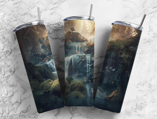 Waterfall landscape 20oz Sublimation Tumbler Designs, Dark forest 9.2 x 8.3” Straight Skinny Tumbler Wrap PNG