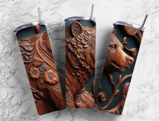 Tooled leather bear 20oz Sublimation Tumbler Designs, Engraved leather 9.2 x 8.3” Straight Skinny Tumbler Wrap PNG