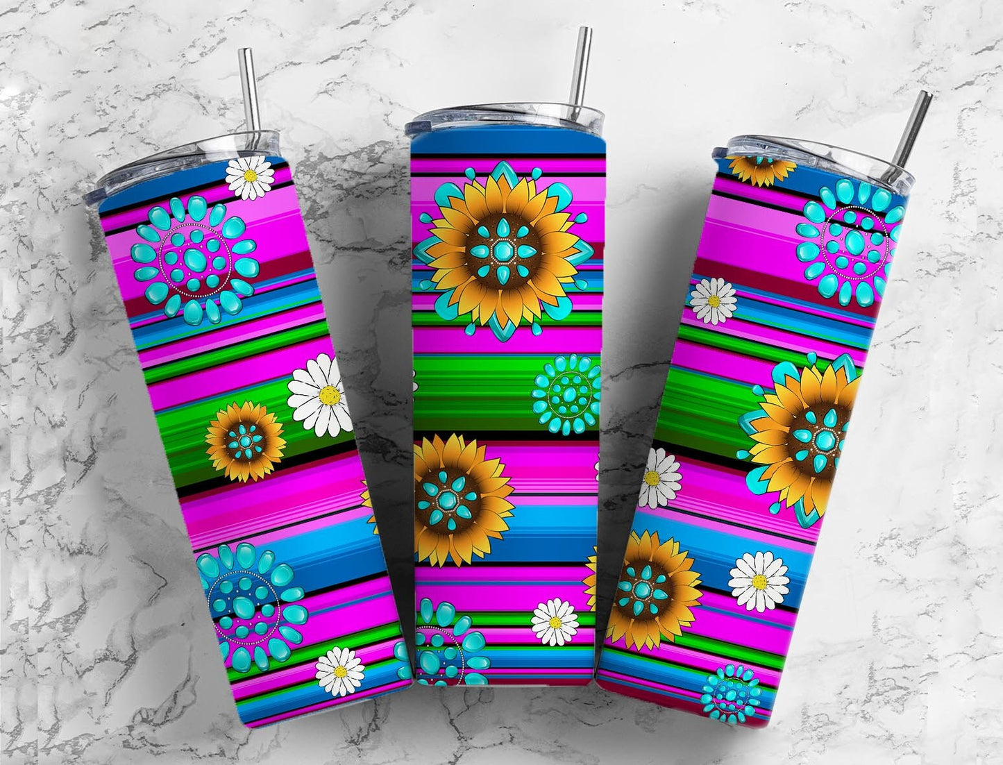 Sunflower serape 20oz Sublimation Tumbler Designs, Striped colorful 9.2 x 8.3” Straight Skinny Tumbler Wrap PNG