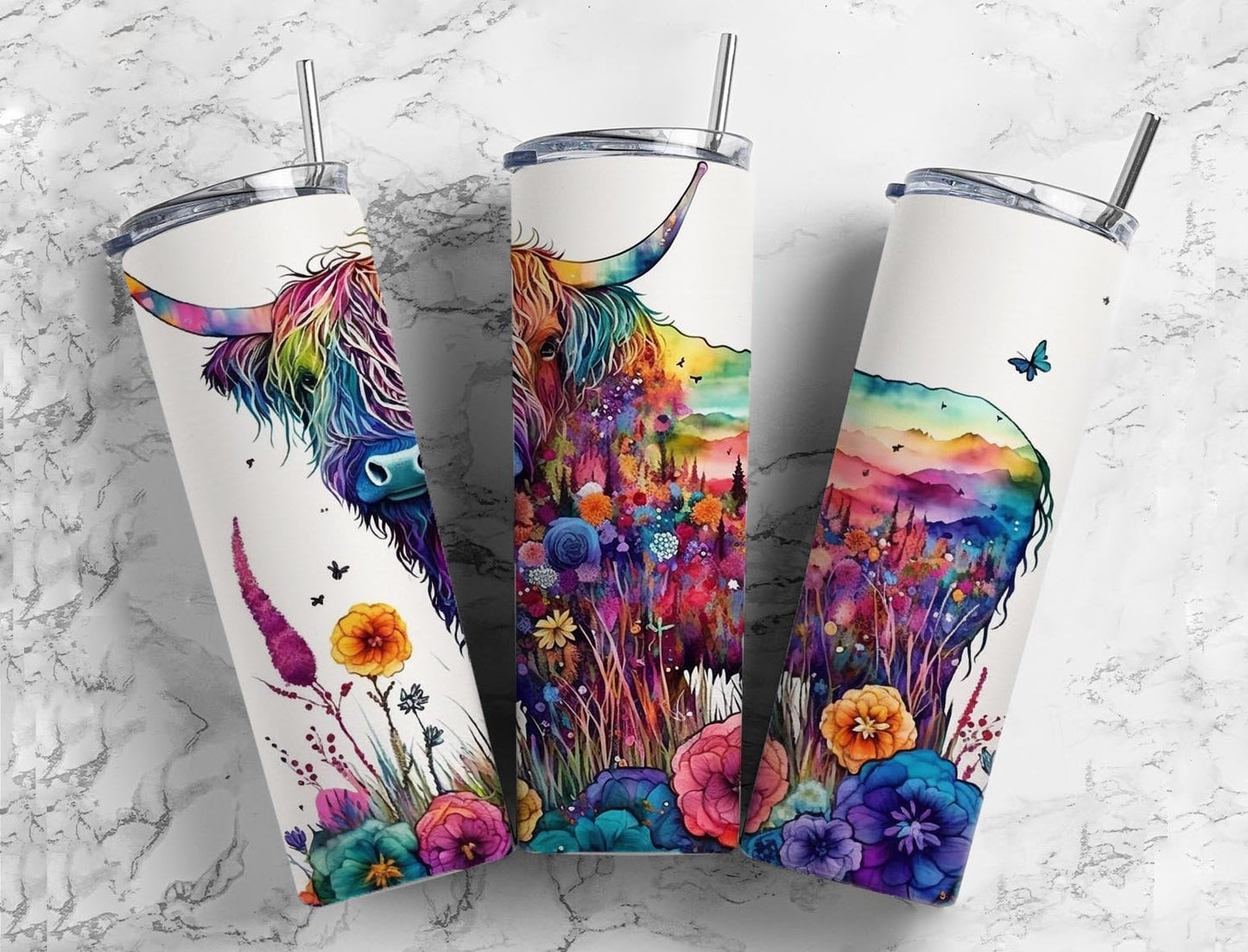 Watercolor Highland Cow 20oz Sublimation Tumbler Designs, Rainbow 9.2 x 8.3” Straight Skinny Tumbler Wrap PNG, Sublimation Design PNG