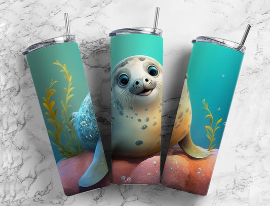 Baby seal 20oz Sublimation Tumbler Designs, Cute cartoon 9.2 x 8.3” Straight Skinny Tumbler Wrap PNG