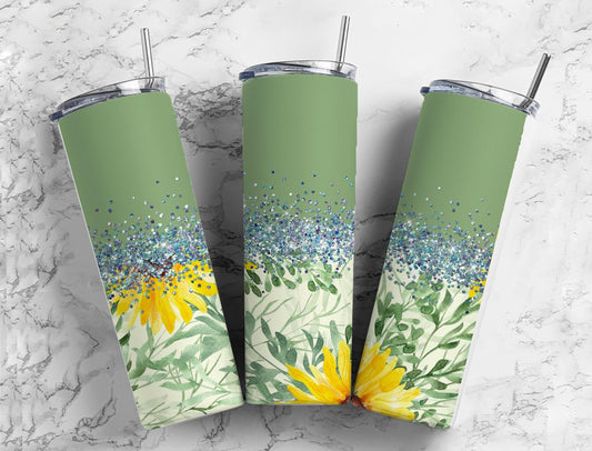 Beautiful Flower 20oz Sublimation Tumbler Designs, Agate Glitter Green 9.2 x 8.3” Straight Skinny Tumbler Wrap PNG