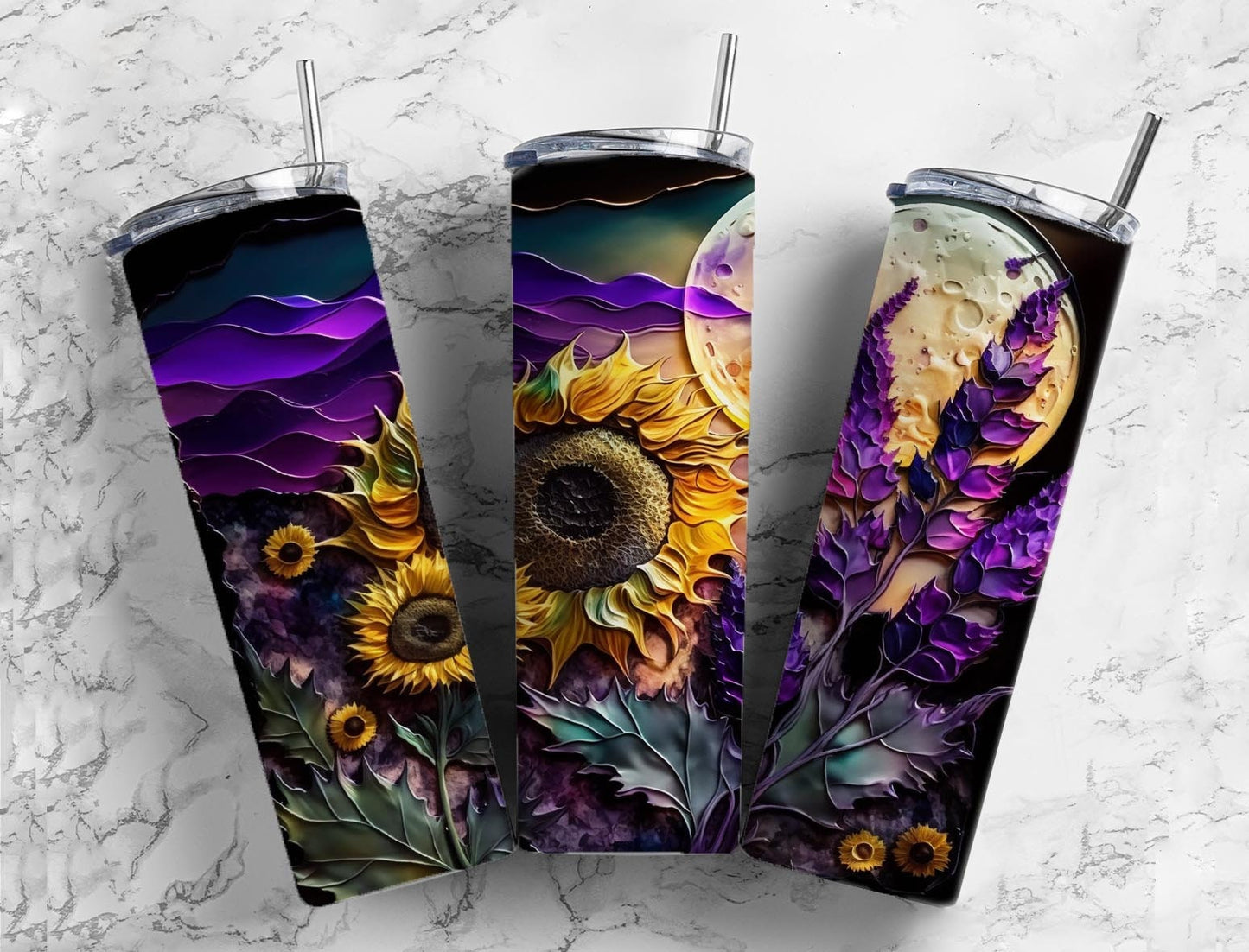 Sunflower lavender 20oz Sublimation Tumbler Designs, Impasto painting 9.2 x 8.3” Straight Skinny Tumbler Wrap PNG