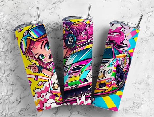 Race Car Neon 20oz Sublimation Tumbler Designs, Girl Racing 9.2 x 8.3” Straight Skinny Tumbler Wrap PNG, Sublimation Design PNG