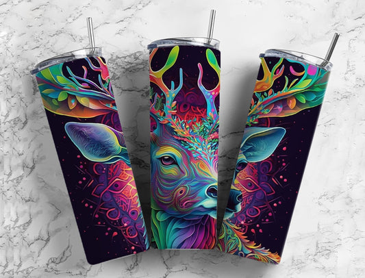 Colorful deer 20oz Sublimation Tumbler Designs, Rainbow neon 9.2 x 8.3” Straight Skinny Tumbler Wrap PNG