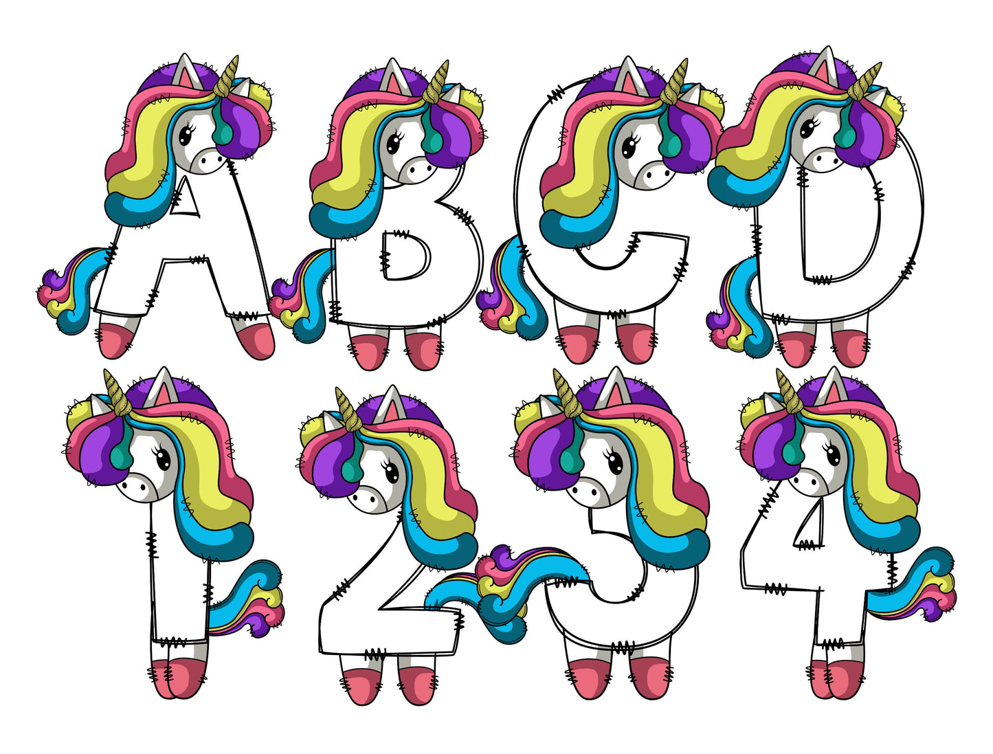 Unicorn Doodle Letters, Rainbow Alphabet, Unicorn Alphabet PNG, Entire Doodle Alphabet Uppercase Lowercase Numbers PNG