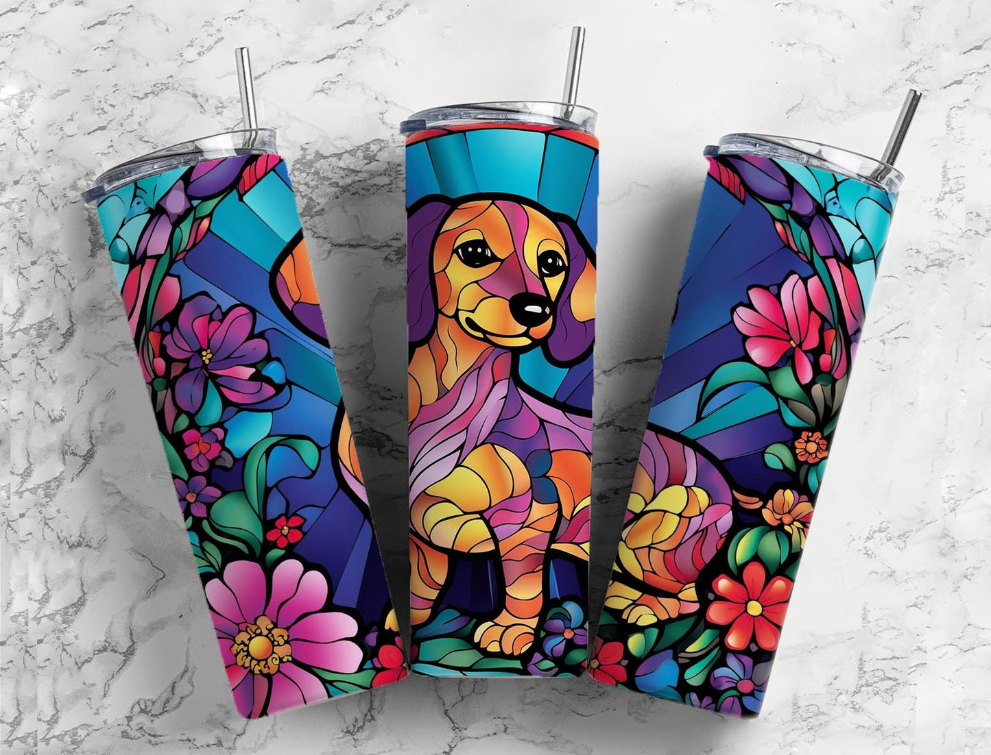 Dachshund dog 20oz Sublimation Tumbler Designs, Stained glass floral 9.2 x 8.3” Straight Skinny Tumbler Wrap PNG