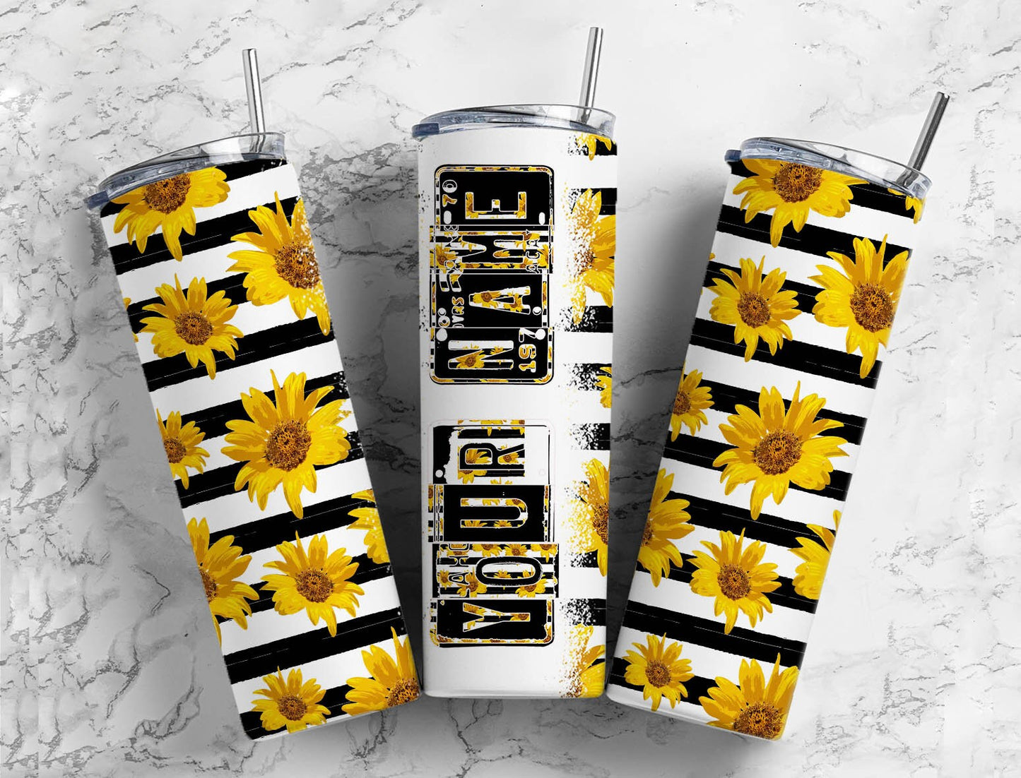 Black and white striped Number Plate 20 oz Tumbler with Matching Alphabet PNG, Sunflower floral Alphabet PNG Digital Download