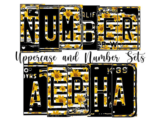 Stripe Sunflower Number Plate Alphabet Uppercase Numbers PNG, Boho Alphabet PNG Digital Download