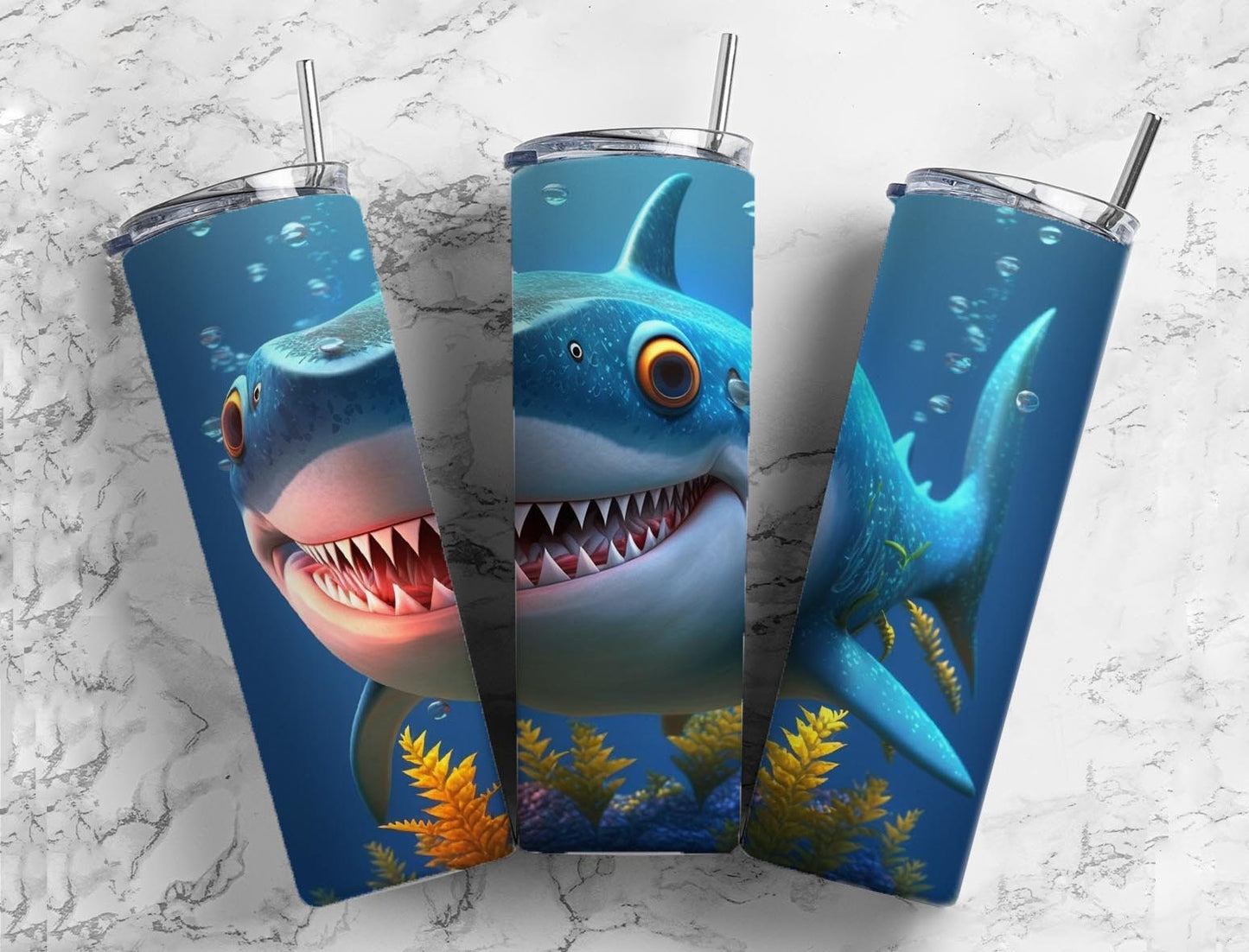 Cartoon shark 20oz Sublimation Tumbler Designs, Ocean nautical 9.2 x 8.3” Straight Skinny Tumbler Wrap PNG