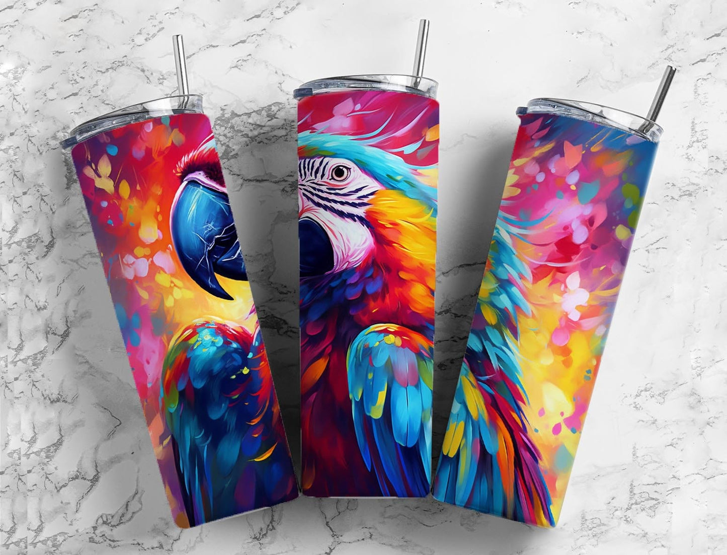 Colorful macaw 20oz Sublimation Tumbler Designs, rainbow parrot 9.2 x 8.3” Straight Skinny Tumbler Wrap PNG