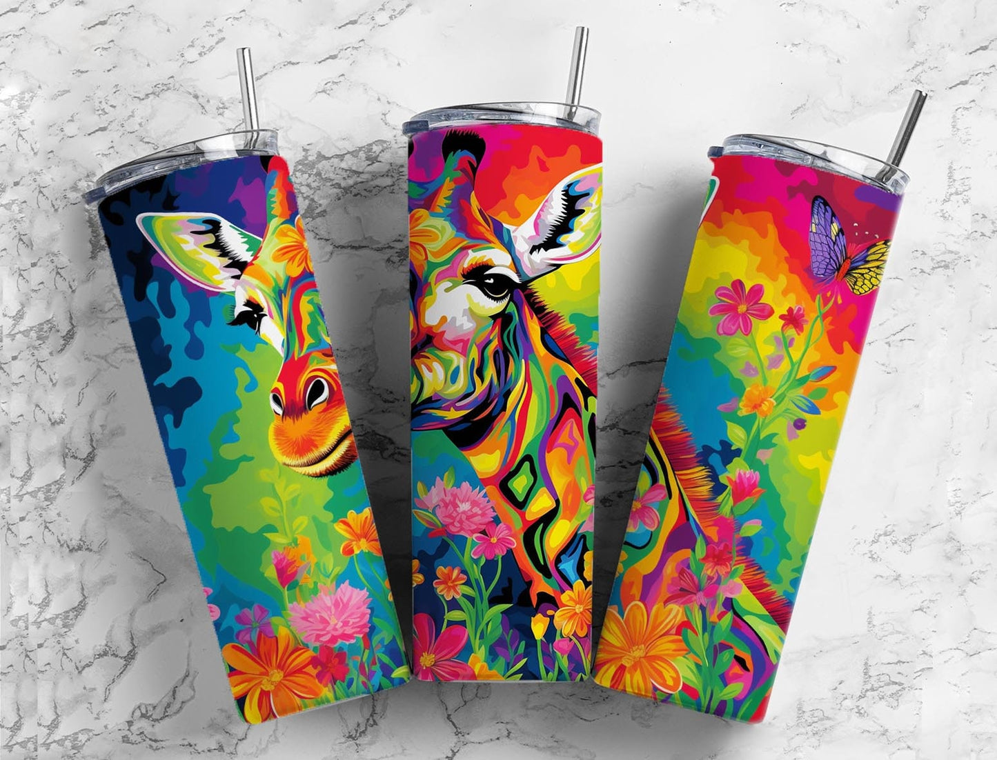 Rainbow giraffe 20oz Sublimation Tumbler Designs, Colorful floral 9.2 x 8.3” Straight Skinny Tumbler Wrap PNG