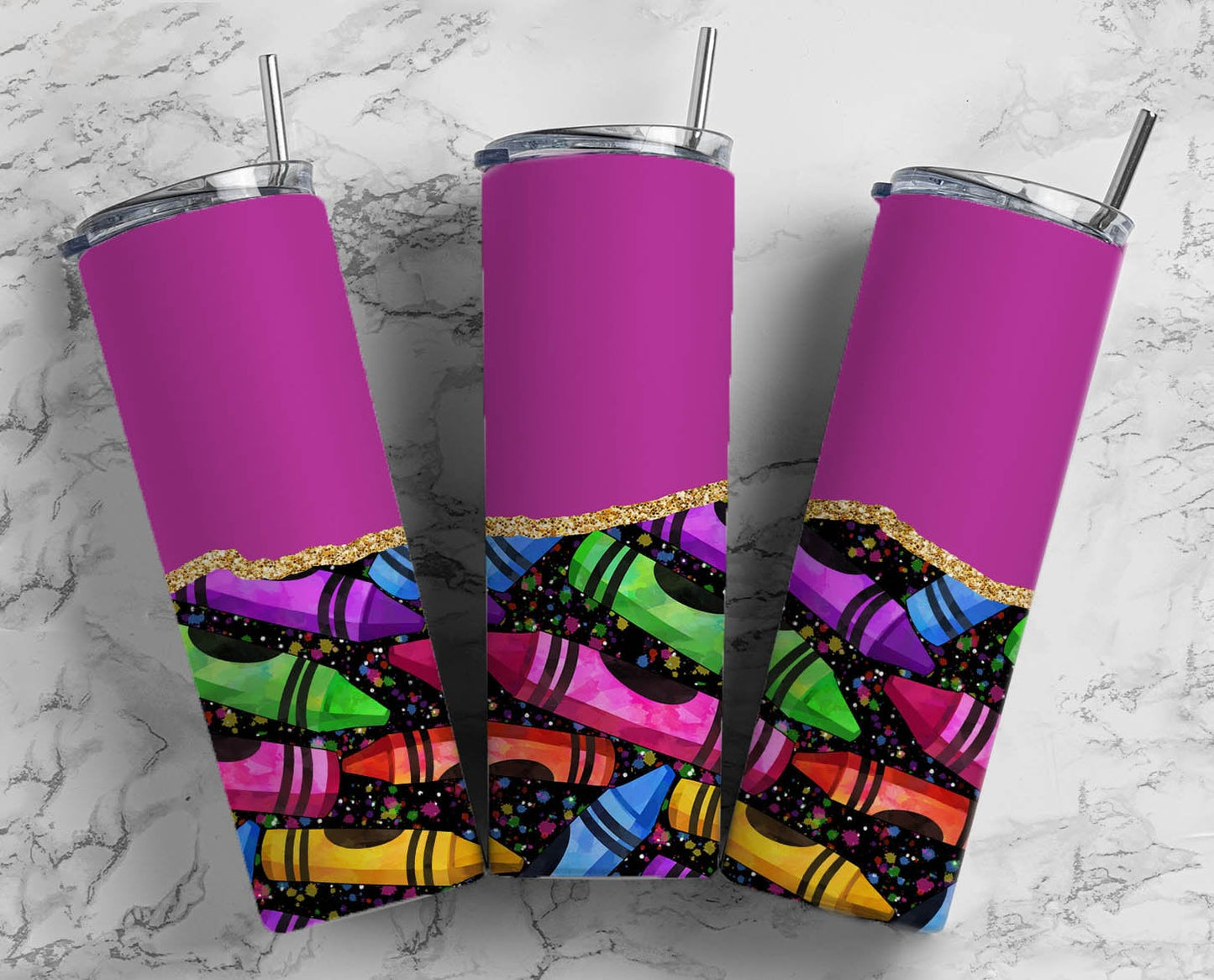 Teacher Crayon 20oz Sublimation Tumbler Designs, Purple Gold Agate Line 9.2 x 8.3” Straight Skinny Tumbler Wrap PNG 167