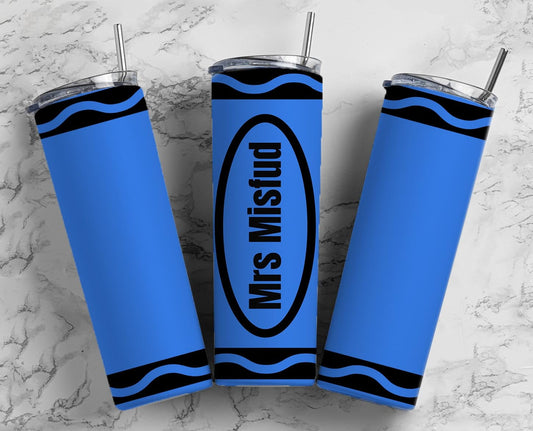 Blue Crayon 20oz Sublimation Tumbler Designs, Add name Teacher Gift 9.2 x 8.3” Straight Skinny Tumbler Wrap PNG 92