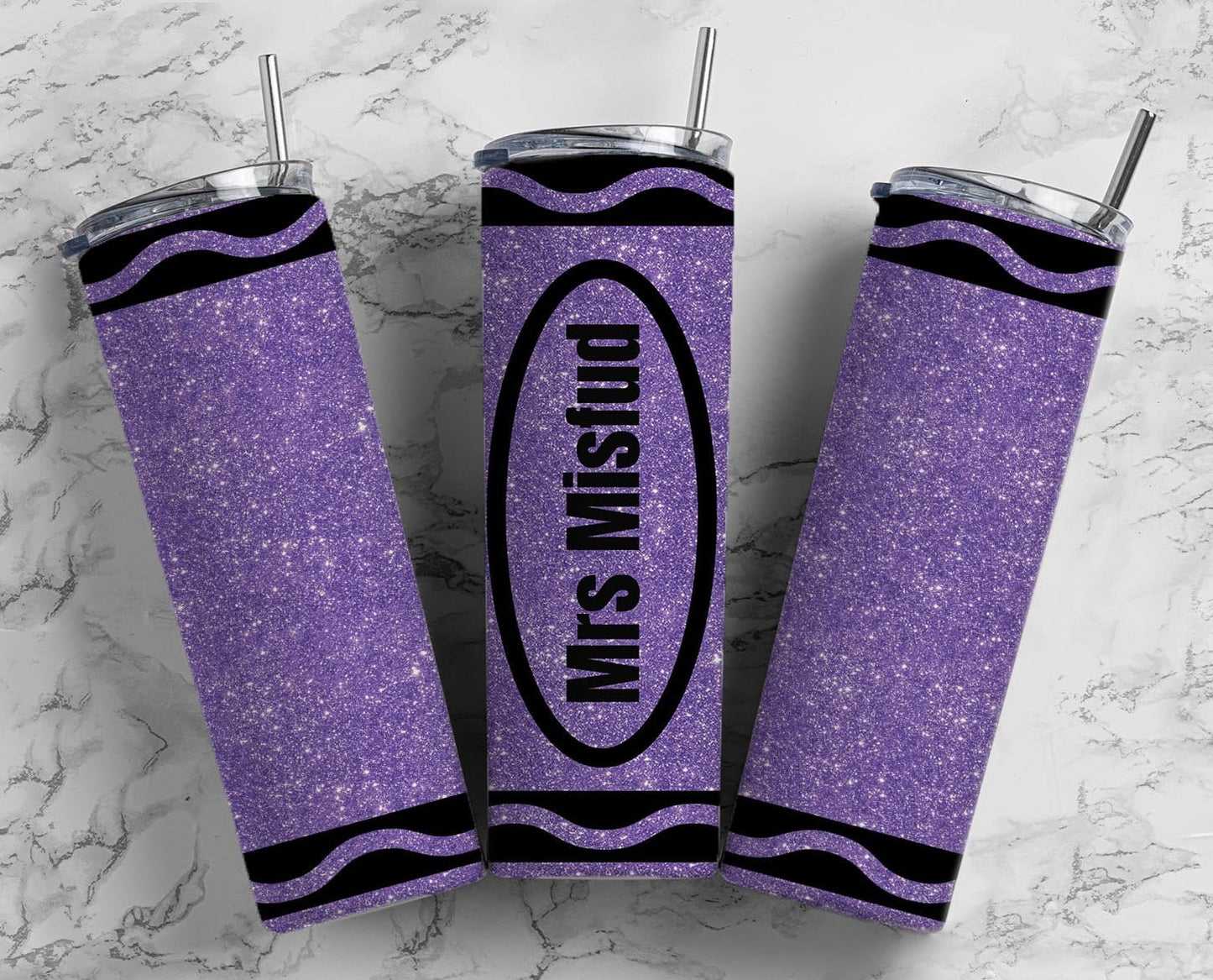 Purple Glitter Crayon 20oz Sublimation Tumbler Designs, Add name Teacher Gift 9.2 x 8.3” Straight Skinny Tumbler Wrap PNG 92