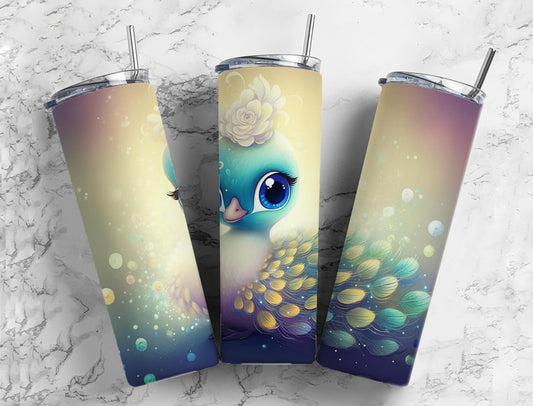 Cartoon peacock 20oz Sublimation Tumbler Designs, baby peacock 9.2 x 8.3” Straight Skinny Tumbler Wrap PNG