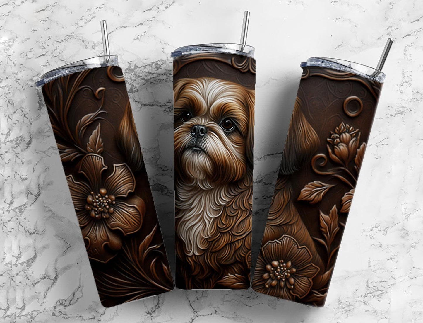 Tooled leather shih tzu 20oz Sublimation Tumbler Designs, Engraved leather 9.2 x 8.3” Straight Skinny Tumbler Wrap PNG