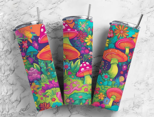 Colorful mushroom 20oz Sublimation Tumbler Designs, toadstool rainbow 9.2 x 8.3” Straight Skinny Tumbler Wrap PNG