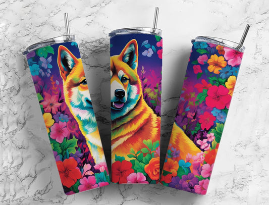 Shiba inu dog 20oz Sublimation Tumbler Designs, Floral landscape 9.2 x 8.3” Straight Skinny Tumbler Wrap PNG