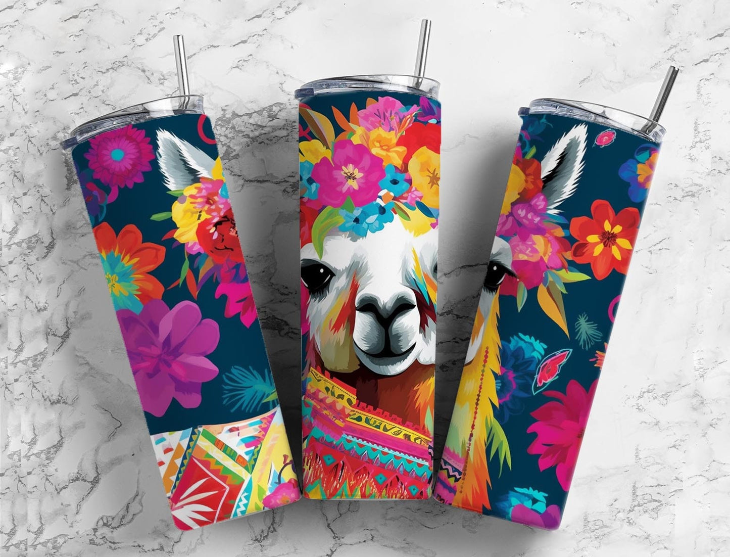 Alpaca floral 20oz Sublimation Tumbler Designs, flower crown 9.2 x 8.3” Straight Skinny Tumbler Wrap PNG