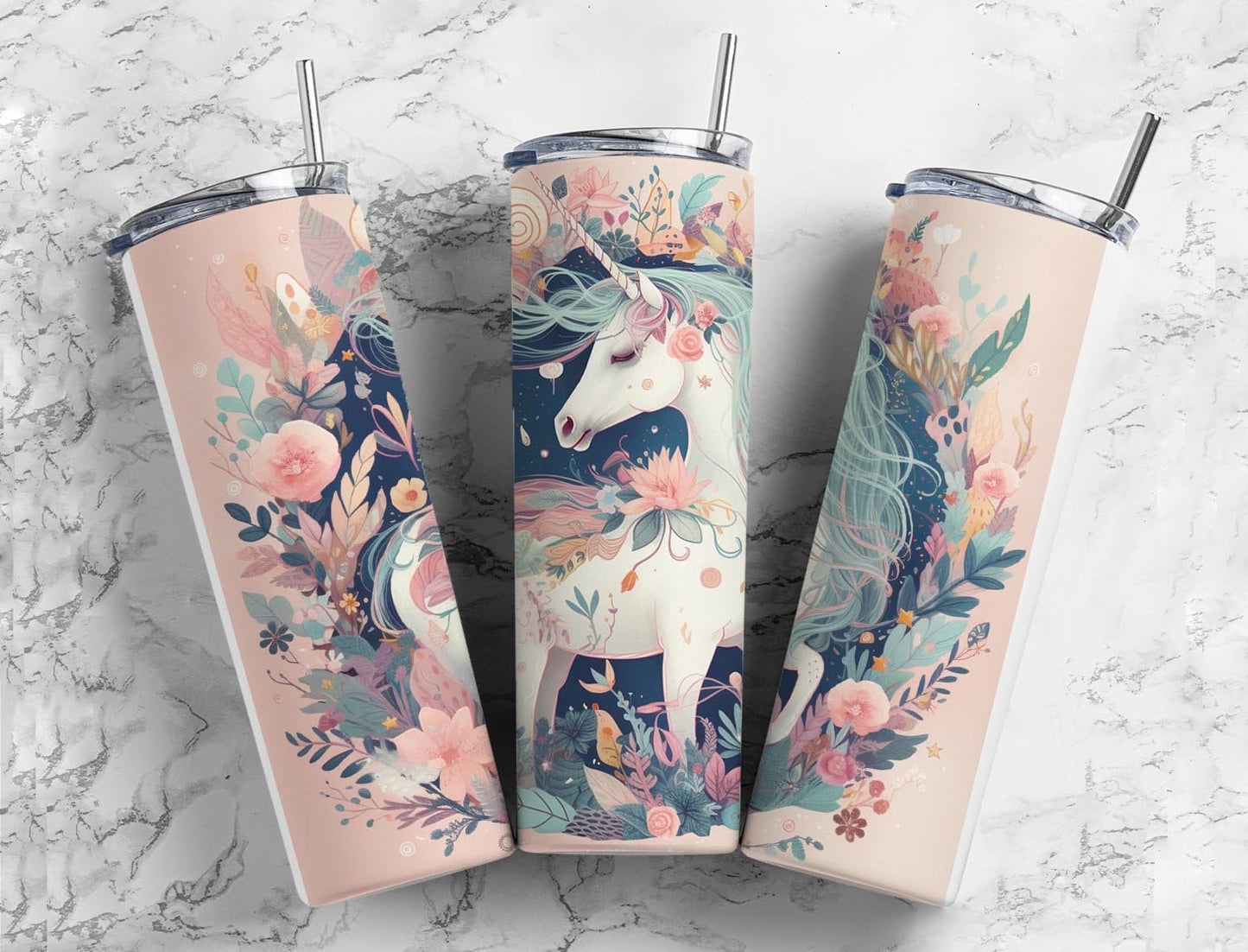 Unicorn 20oz Sublimation Tumbler Designs, Pastel floral 9.2 x 8.3” Straight Skinny Tumbler Wrap PNG