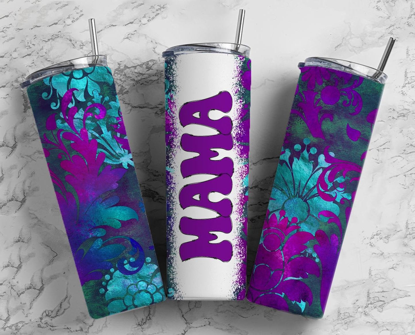 Teal Purple Purple yellow Flower 20oz Sublimation Tumbler Designs, Retro Mama 9.2 x 8.3” Straight Skinny Tumbler Wrap PNG, Mom Tumbler