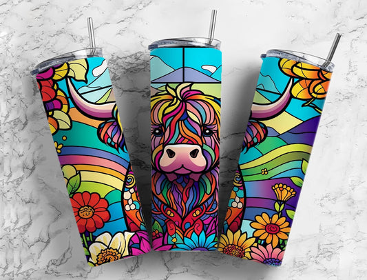 Stained Glass Highland Cow 20oz Sublimation Tumbler Designs, Cute Country 9.2 x 8.3” Straight Skinny Tumbler Wrap PNG, Sublimation Design