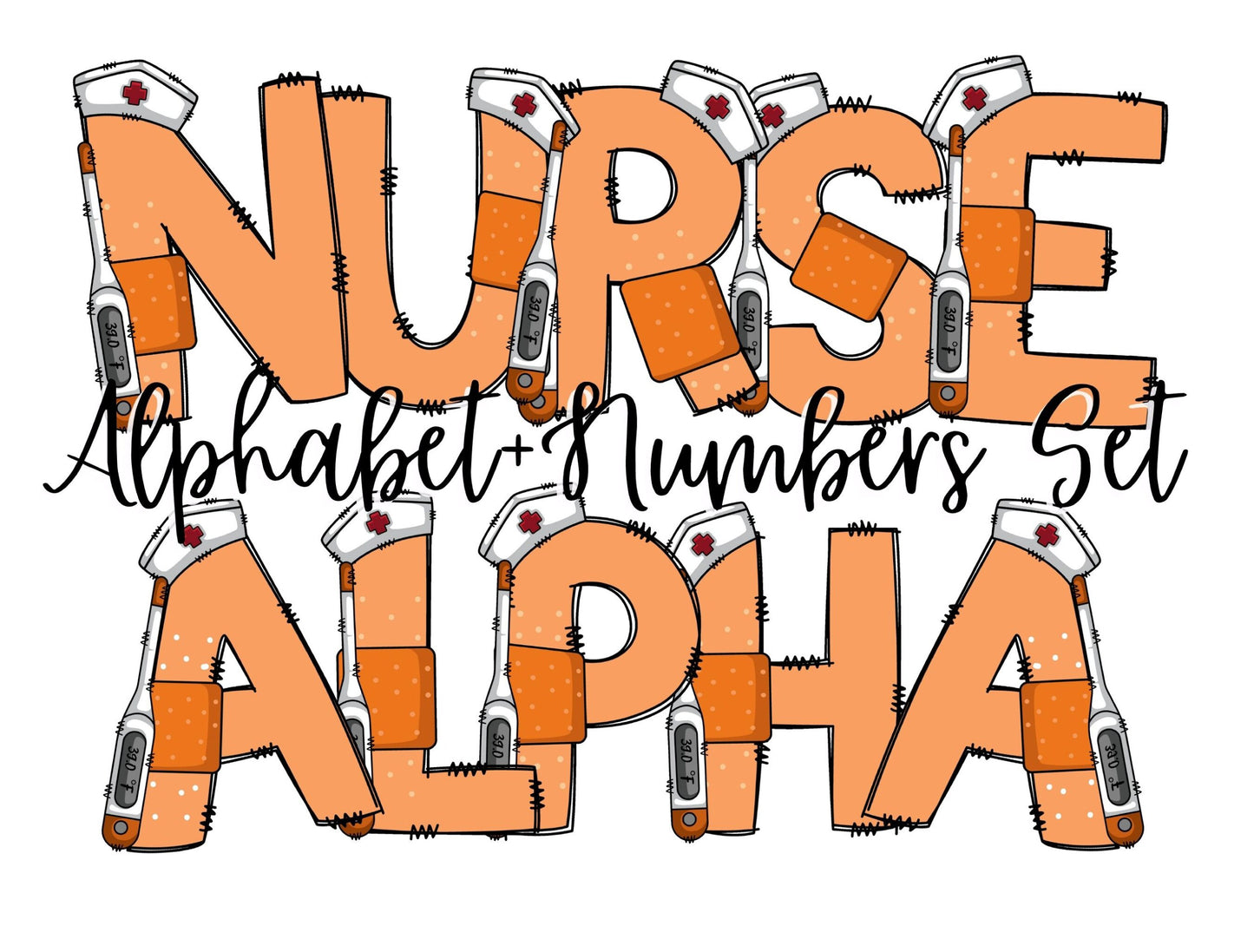 Nurse Doodle Letters Alphabet with Uppercase and Numbers PNG, Alphabet PNG Digital Download PNG