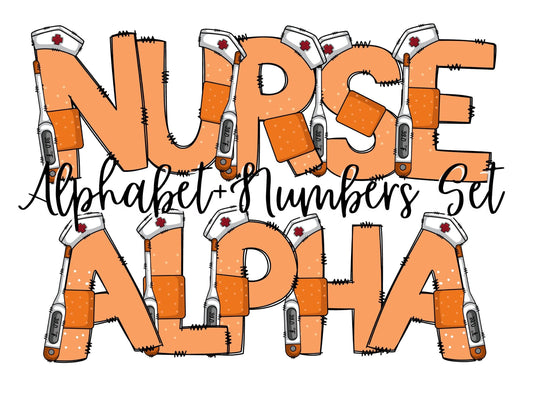 Nurse Doodle Letters Alphabet with Uppercase and Numbers PNG, Alphabet PNG Digital Download PNG