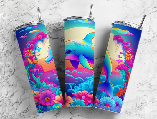 Alcohol Ink Dolphin 20oz Sublimation Tumbler Designs, Neon Ocean 9.2 x 8.3” Straight Skinny Tumbler Wrap PNG, Sublimation Design PNG