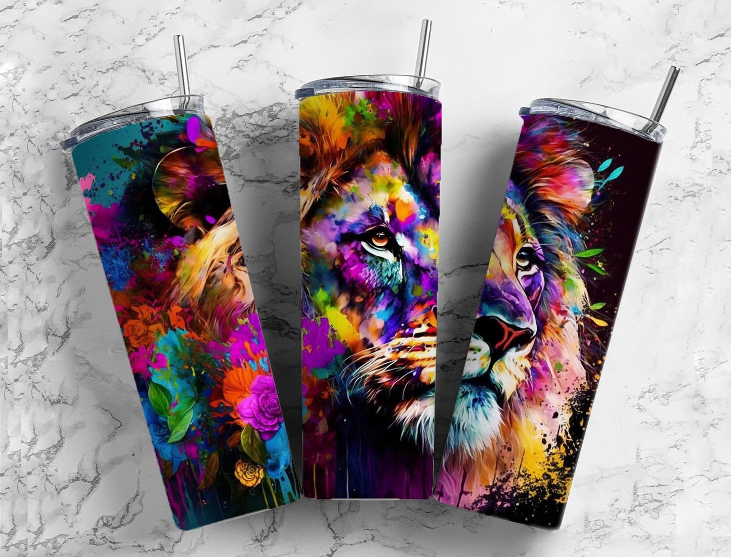 Rainbow lion 20oz Sublimation Tumbler Designs, Alcohol ink 9.2 x 8.3” Straight Skinny Tumbler Wrap PNG