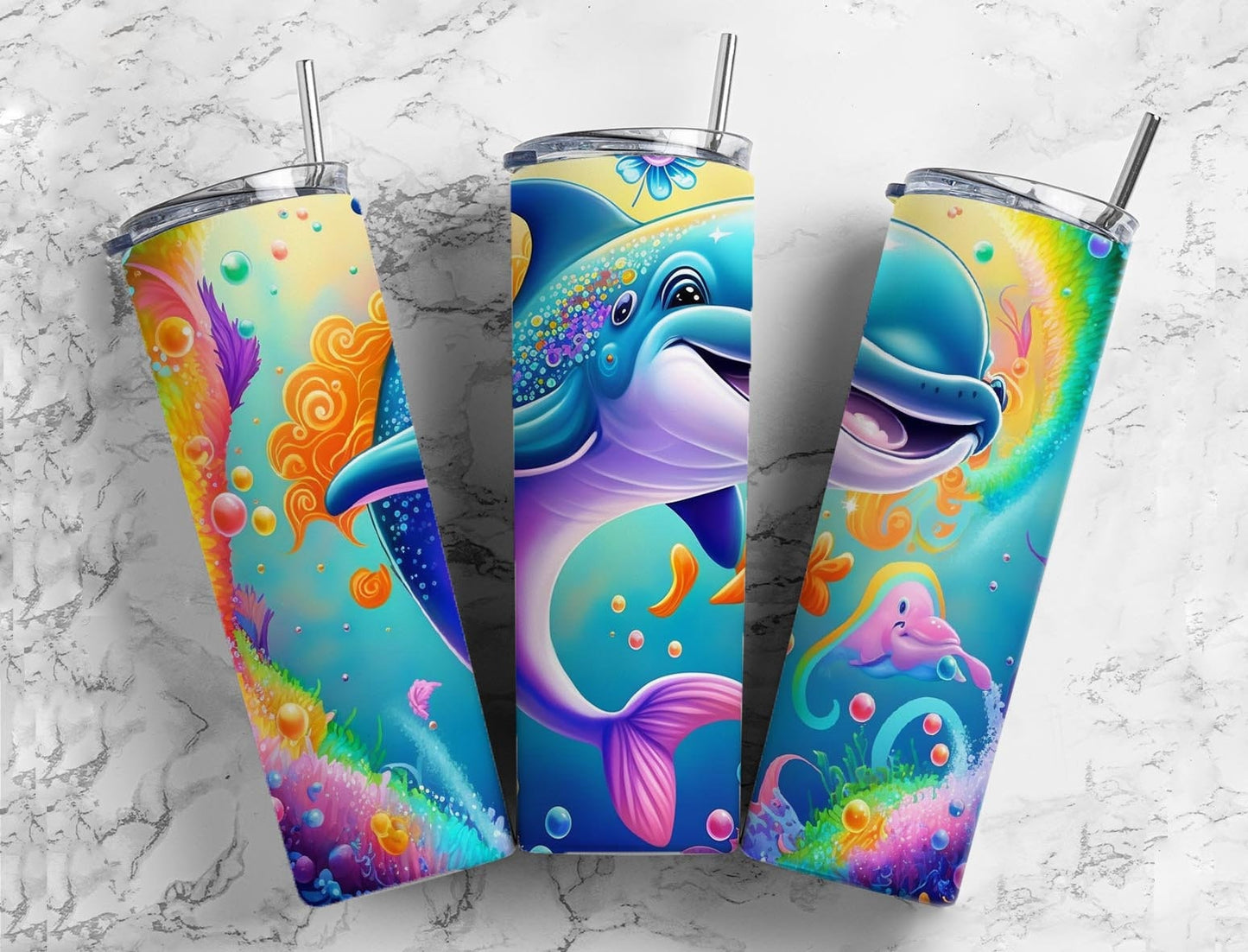 Cartoon dolphin 20oz Sublimation Tumbler Designs, Underwater ocean 9.2 x 8.3” Straight Skinny Tumbler Wrap PNG